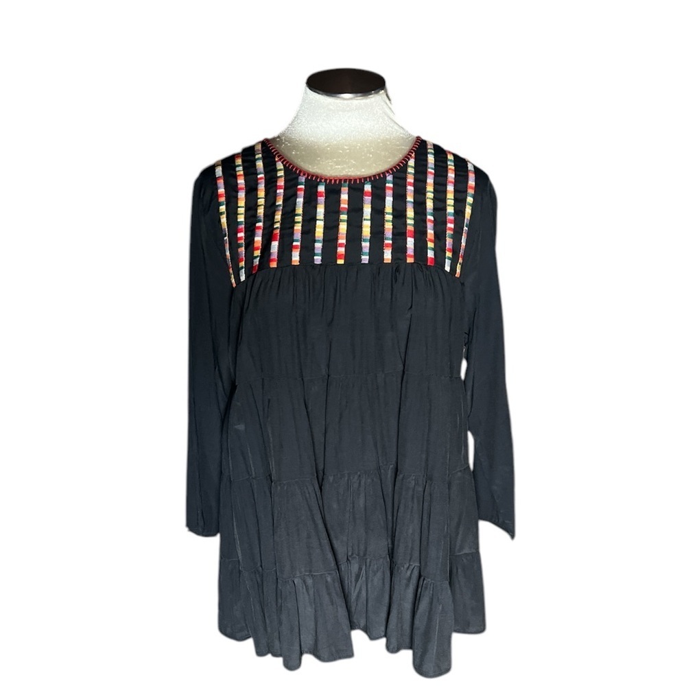ENTRO embroidered boho chic tiered Black tunic Multicolor Embellished Women's M